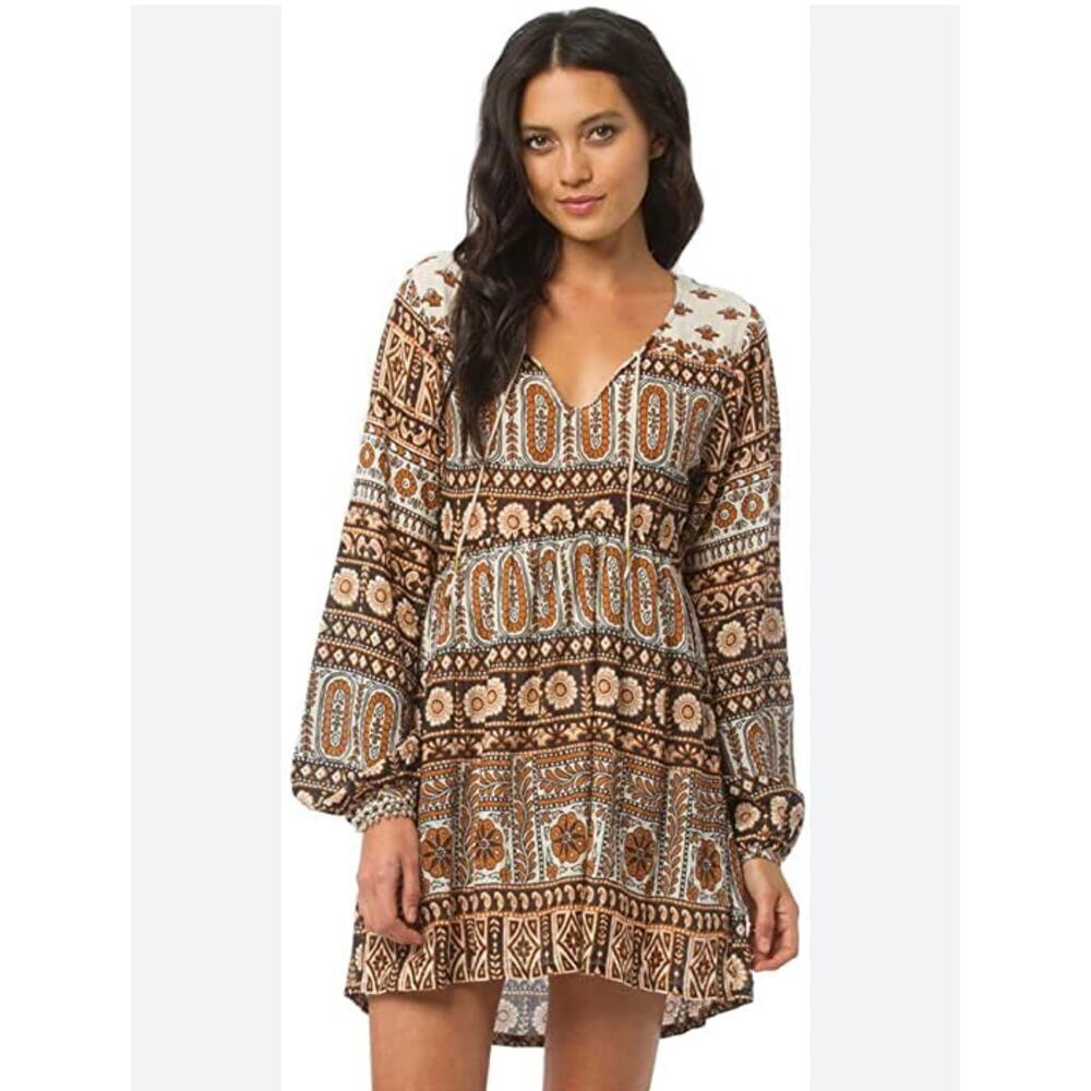 Billabong Brown Cream Printed Boho V-Neck Mini Dress